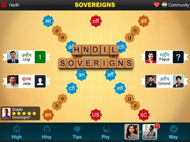 Scrabble Sovereigns game interface showing Hindi and English words